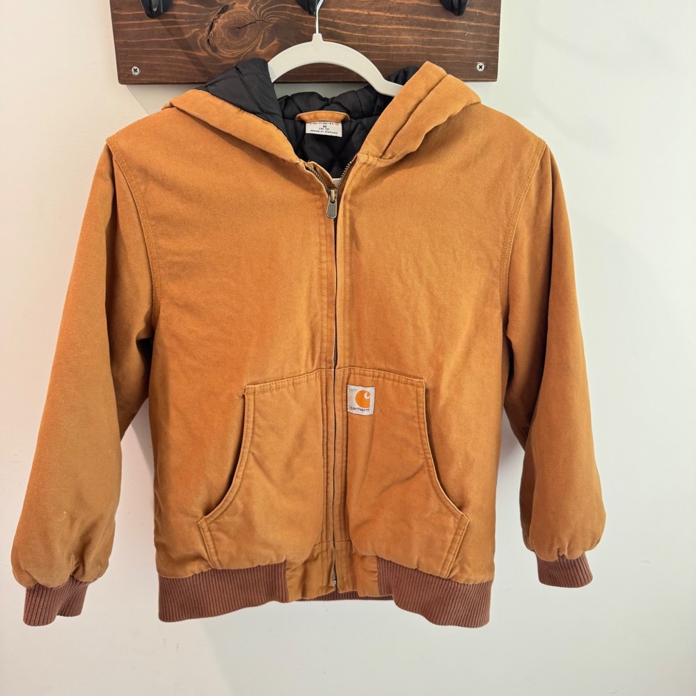 Carhartt Kids Active Jacket Brown Duck Canvas Hooded Quilted Lined Size M 10-12